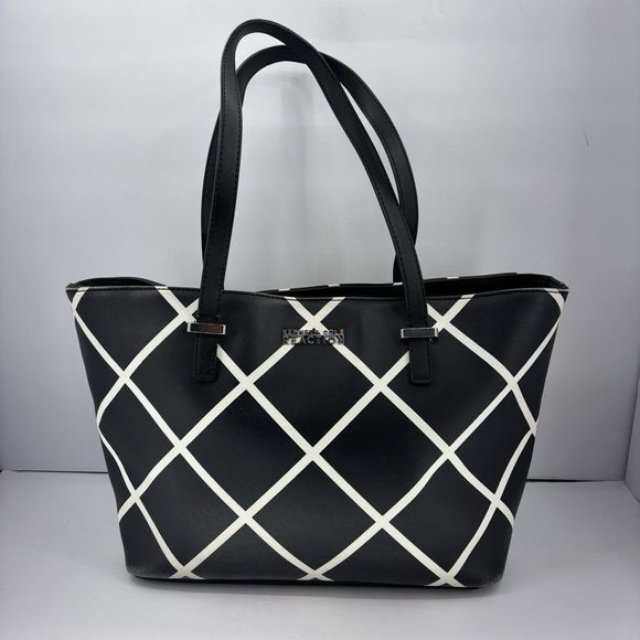 Kenneth‎ Cole REACTION Faux Leather Tote Black White "X" Striped Pattern 90's - Picture 1 of 16